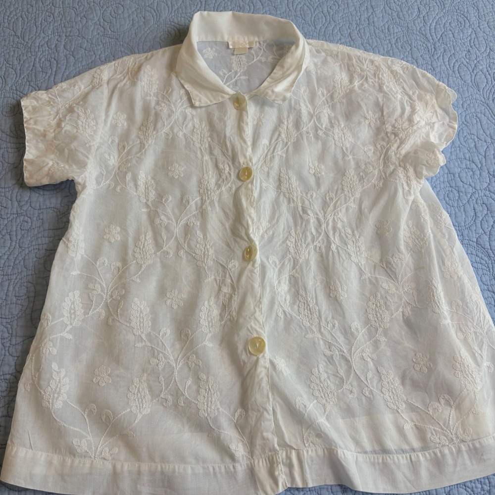 Whitewash White Floral Embroidered Button Down Short Sleeve Blouse Medium